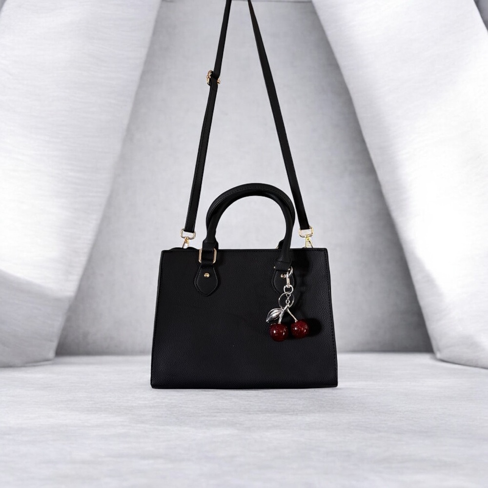 Elegant Black Handbag with Cherry Charm-Vegan Leather - Picture 5 of 10